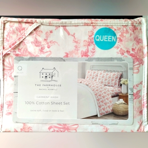 Shabby Chic Rachel Ashwell Farmhouse QUEEN sheet set Pink Floral & Ribbons Bows - Picture 1 of 8